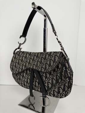 Christian Dior Double Saddle Medium Shoulder Bag in Black Monogram Canvas D1
